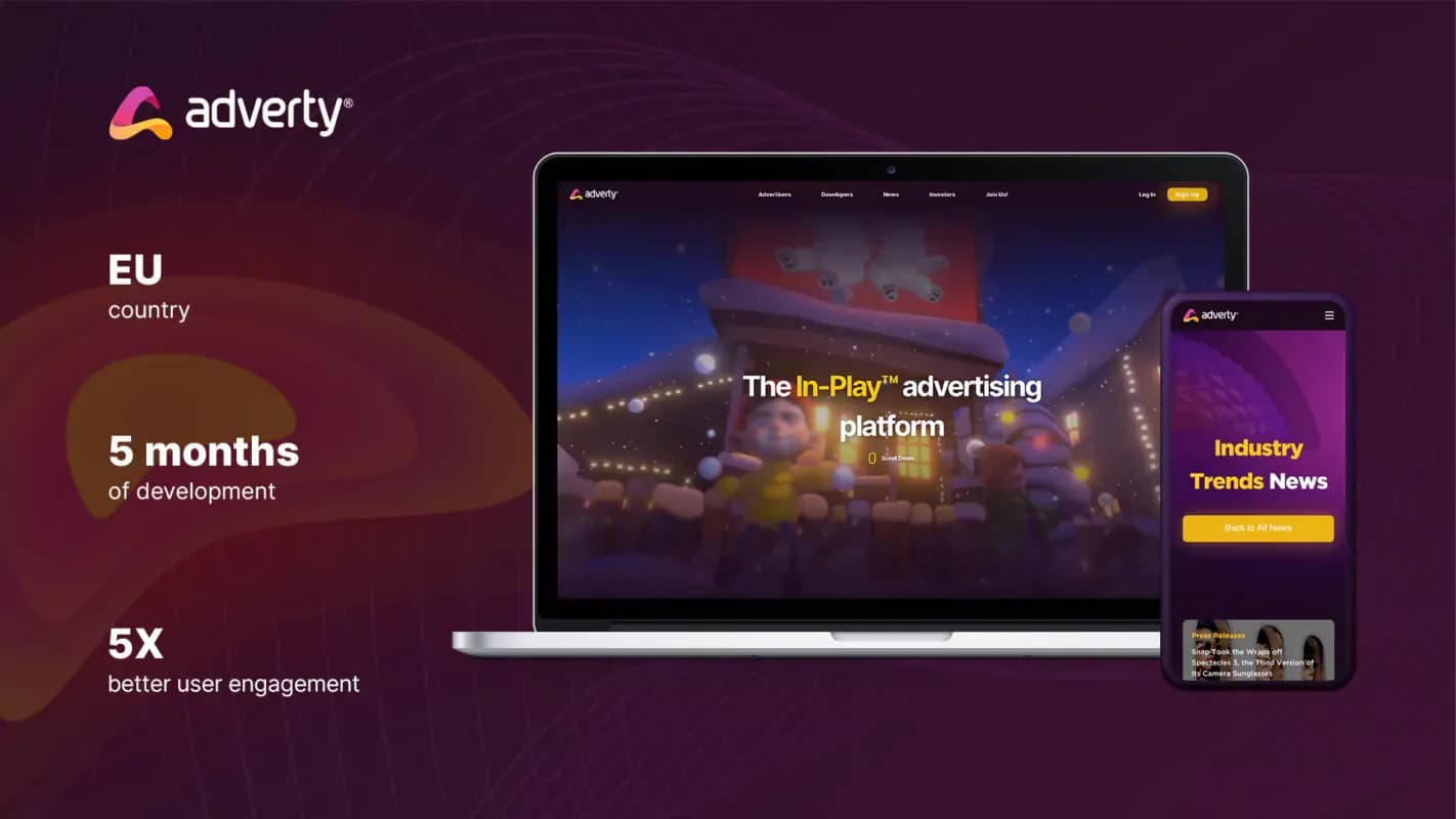 Adverty advertising platform for VR and AR content: website on a laptop and a phone, with key project figures