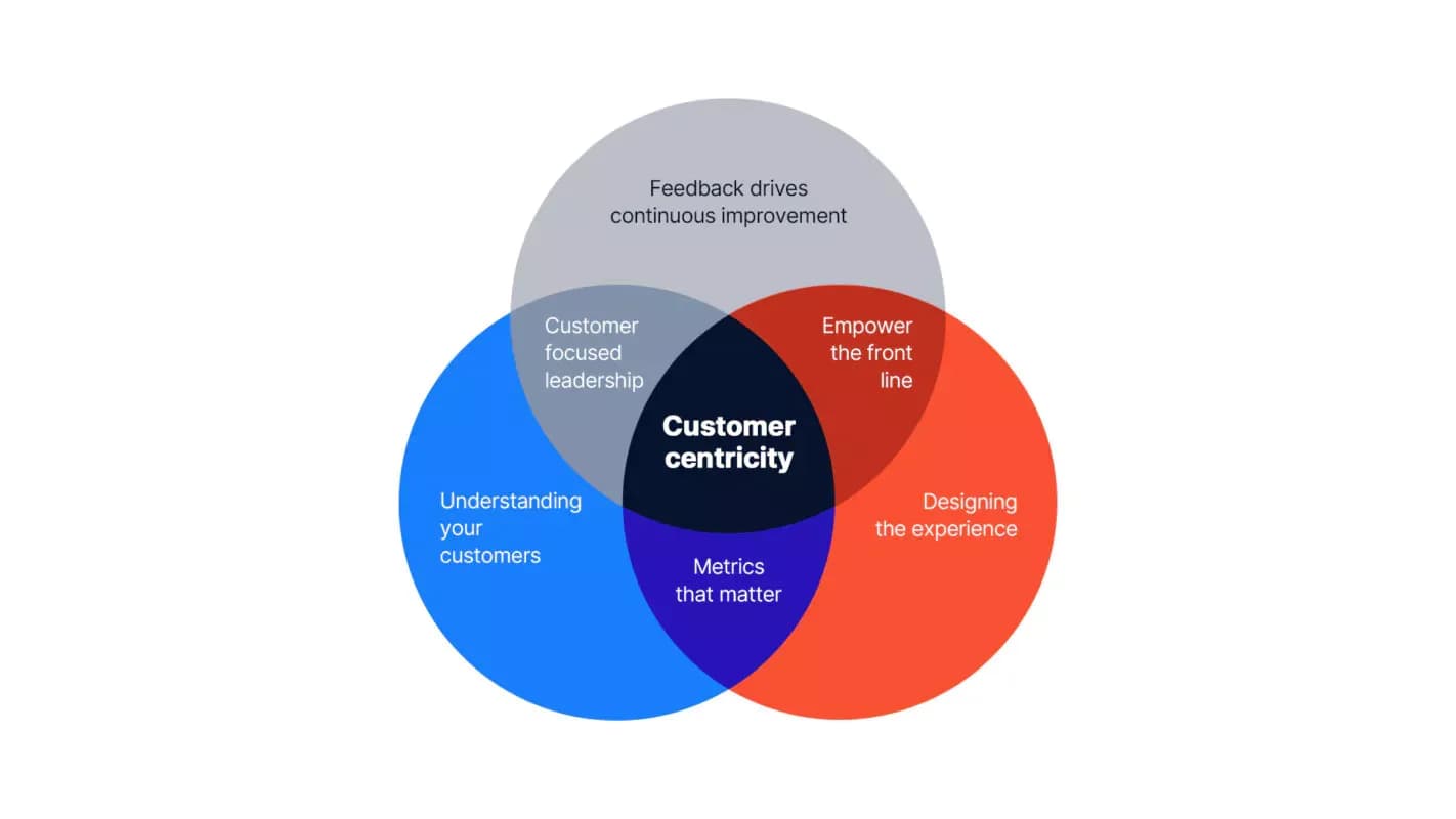 Venn diagram of customer centricity: understanding customers, designing the experience, empowering the front line