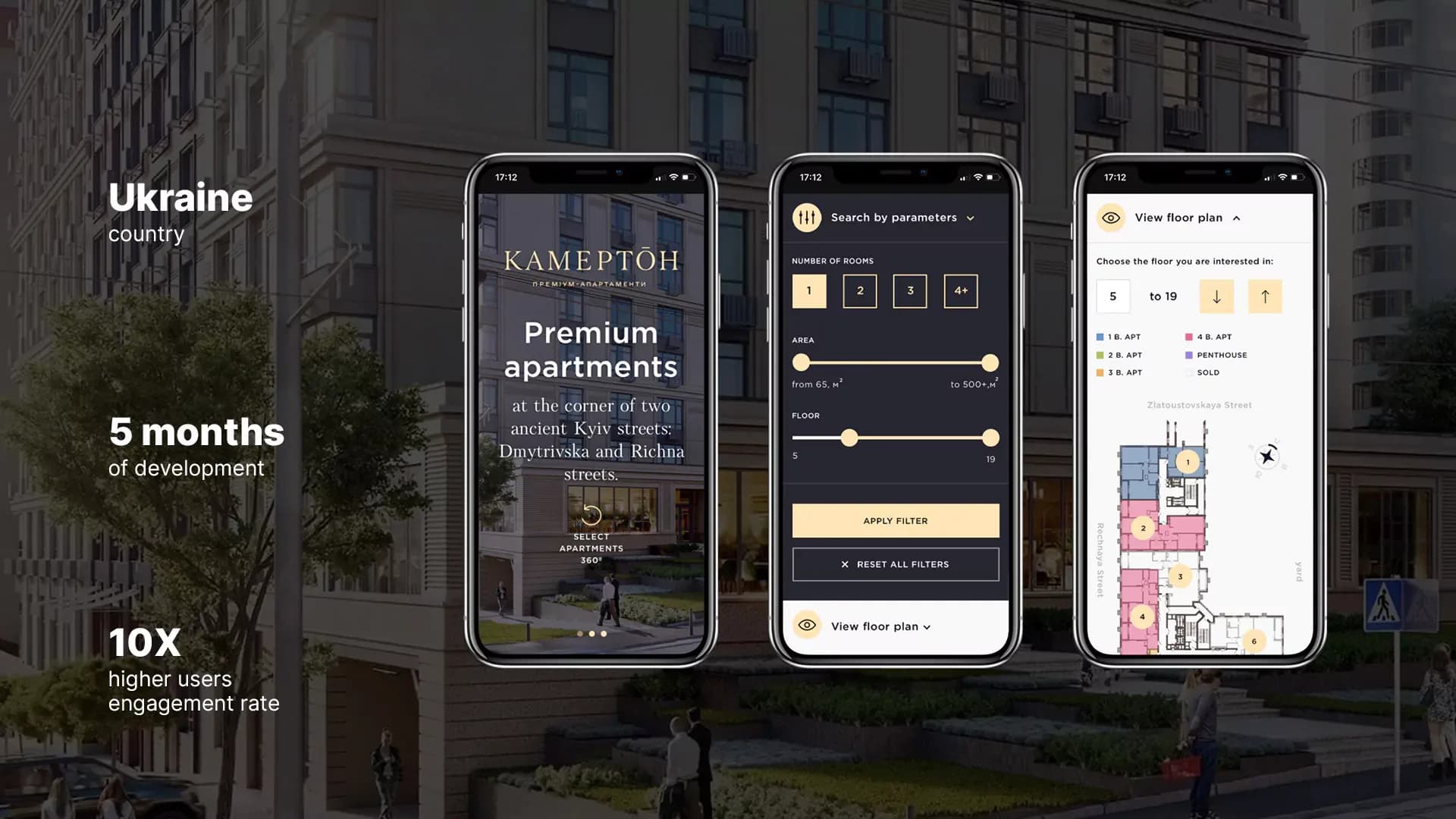 Kamerton premium real estate website: apartment search and floor plan on phone screens, with key project figures