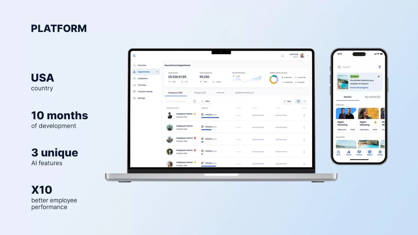 AI-powered human capital management solution: dashboard on a laptop and a phone, with key project figures